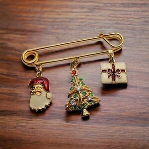 VTG Avon CHRISTMAS SAFETY PIN Santa Tree Present Charm Enamel Jewelry Brooch.